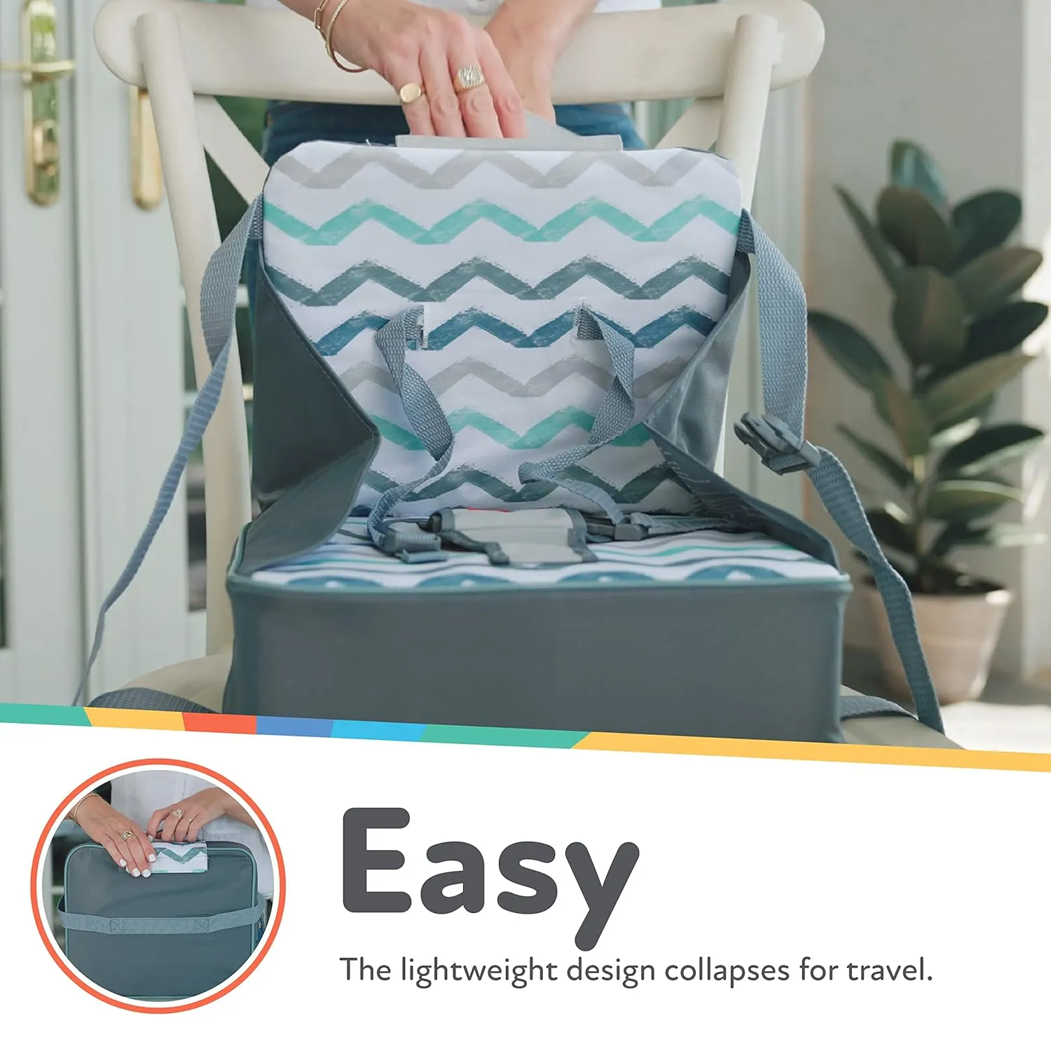 Nuby Easy Go Booster Seat - Travel Booster Seat for Babies and Toddlers - Holds Up to 35 Pounds - 9  Months - Gray Chevron