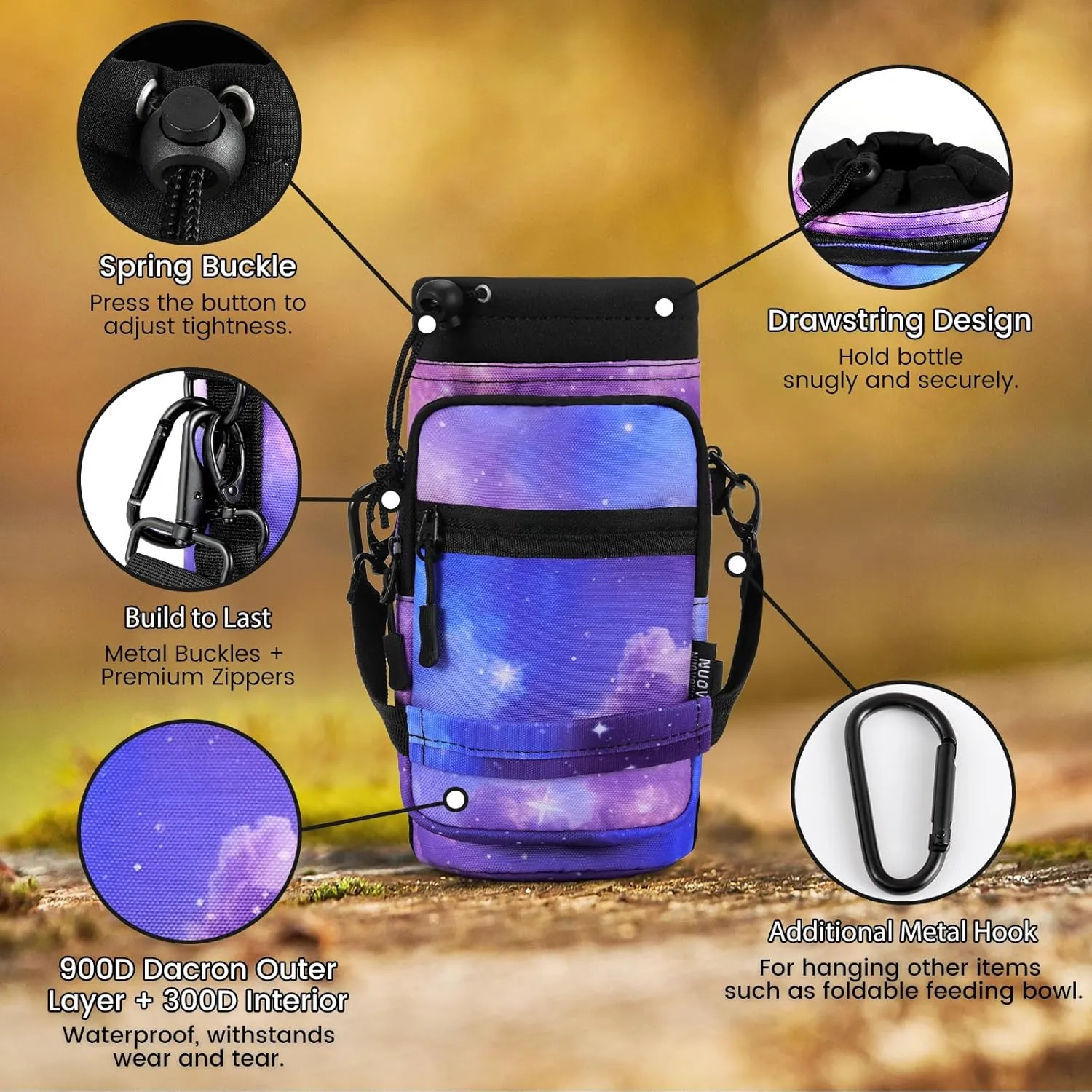 Nuovoware Water Bottle Carrier, 40oz Bottle Carrier Sports Insulated Water Bottle Holder with Adjustable Shoulder Strap, 2 Pockets Flask Sling Bag Drawstring Pouch for Climbing Hiking Walking