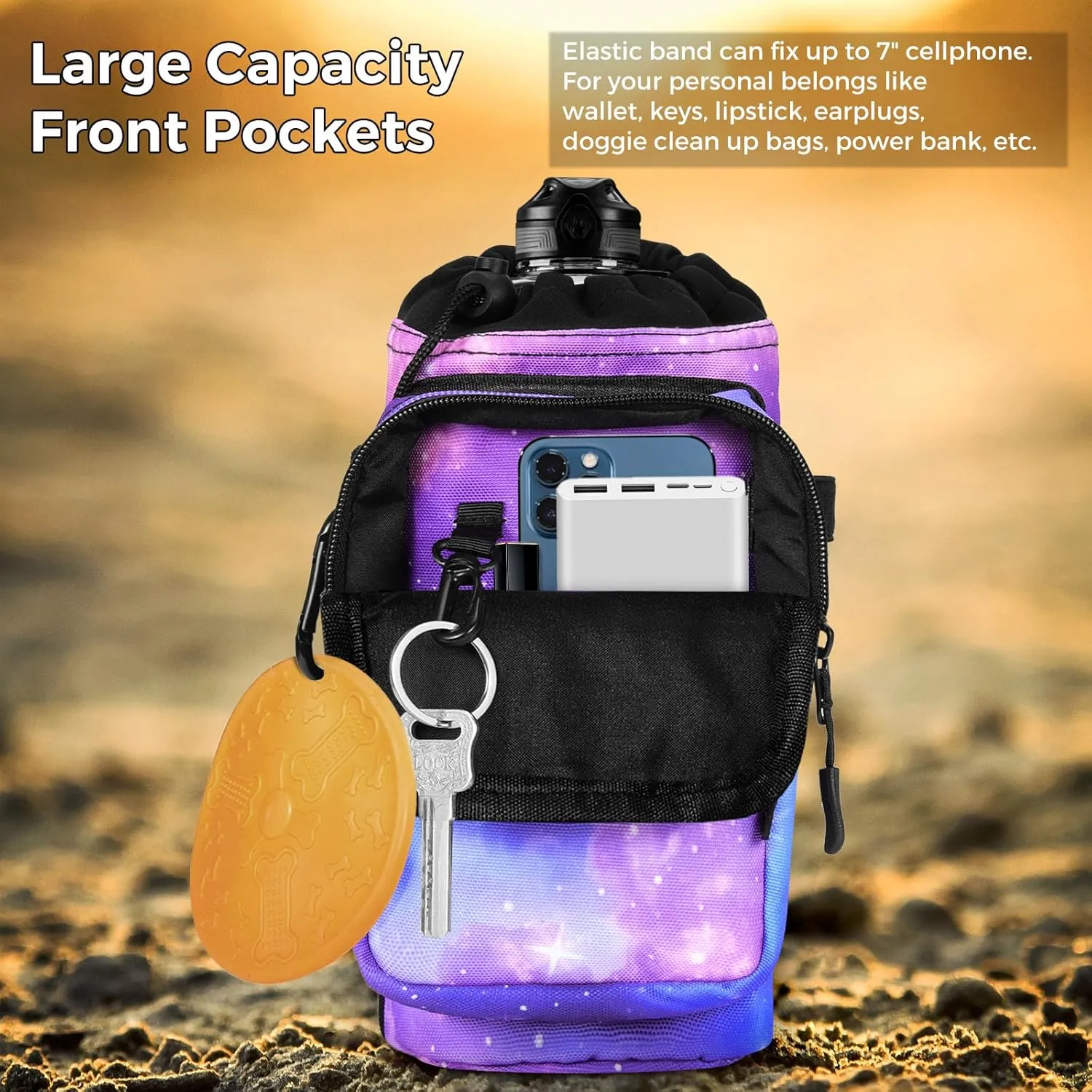 Nuovoware Water Bottle Carrier, 40oz Bottle Carrier Sports Insulated Water Bottle Holder with Adjustable Shoulder Strap, 2 Pockets Flask Sling Bag Drawstring Pouch for Climbing Hiking Walking