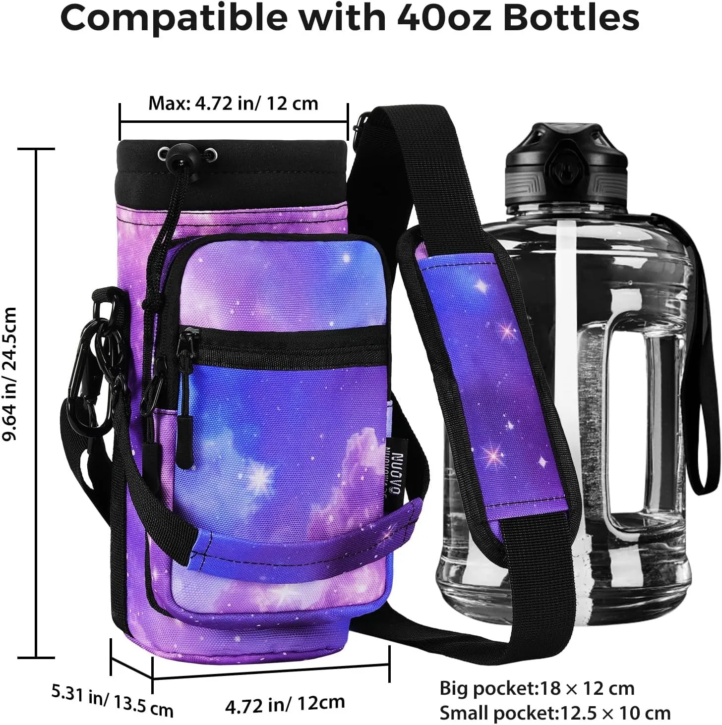Nuovoware Water Bottle Carrier, 40oz Bottle Carrier Sports Insulated Water Bottle Holder with Adjustable Shoulder Strap, 2 Pockets Flask Sling Bag Drawstring Pouch for Climbing Hiking Walking