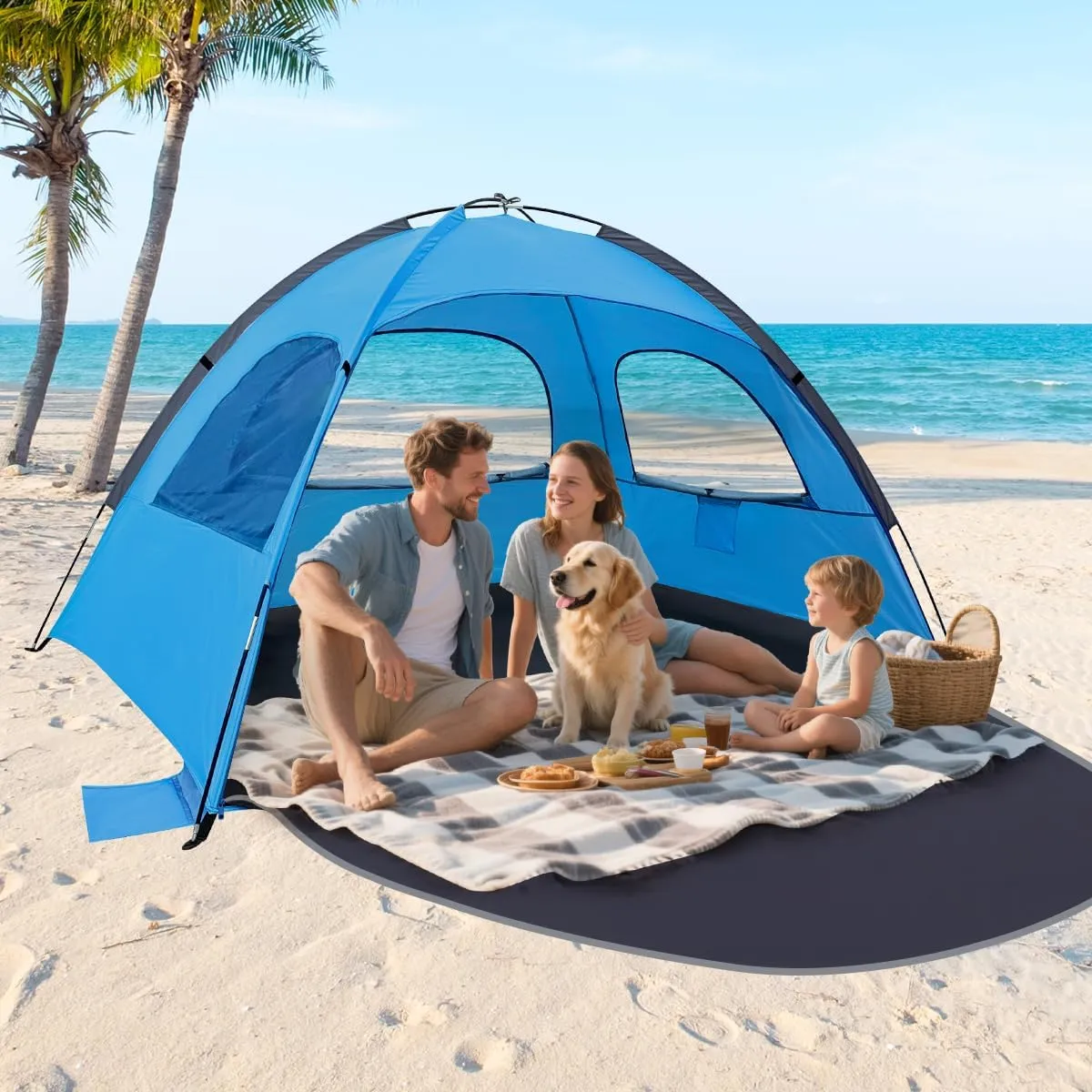 NXONE Beach Tent Sun Shade Shelter for 3/4/6 Person Person with UV Protection, Extended Floor, 3 Mesh Roll Up Windows & 8.0/8.5mm Fiberglass Rods丨Carry Bag Included
