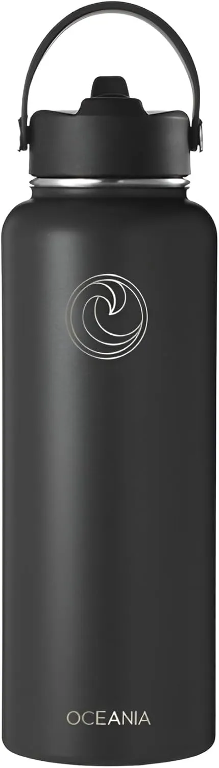 Oceania Flask 40oz Stainless Steel Water Bottles | Modern, Leakproof, Hydro BPA-Free, Insulated Water Bottle with 3 Lids, 3 Straws & 2 Straw Cleaning Brushes | Simple Camping & Hiking Water Bottles