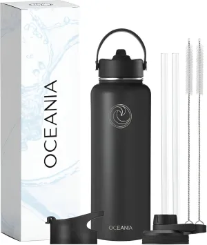 Oceania Flask 40oz Stainless Steel Water Bottles | Modern, Leakproof, Hydro BPA-Free, Insulated Water Bottle with 3 Lids, 3 Straws & 2 Straw Cleaning Brushes | Simple Camping & Hiking Water Bottles