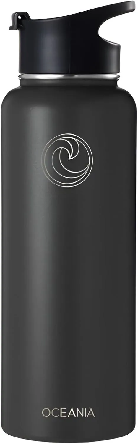 Oceania Flask 40oz Stainless Steel Water Bottles | Modern, Leakproof, Hydro BPA-Free, Insulated Water Bottle with 3 Lids, 3 Straws & 2 Straw Cleaning Brushes | Simple Camping & Hiking Water Bottles