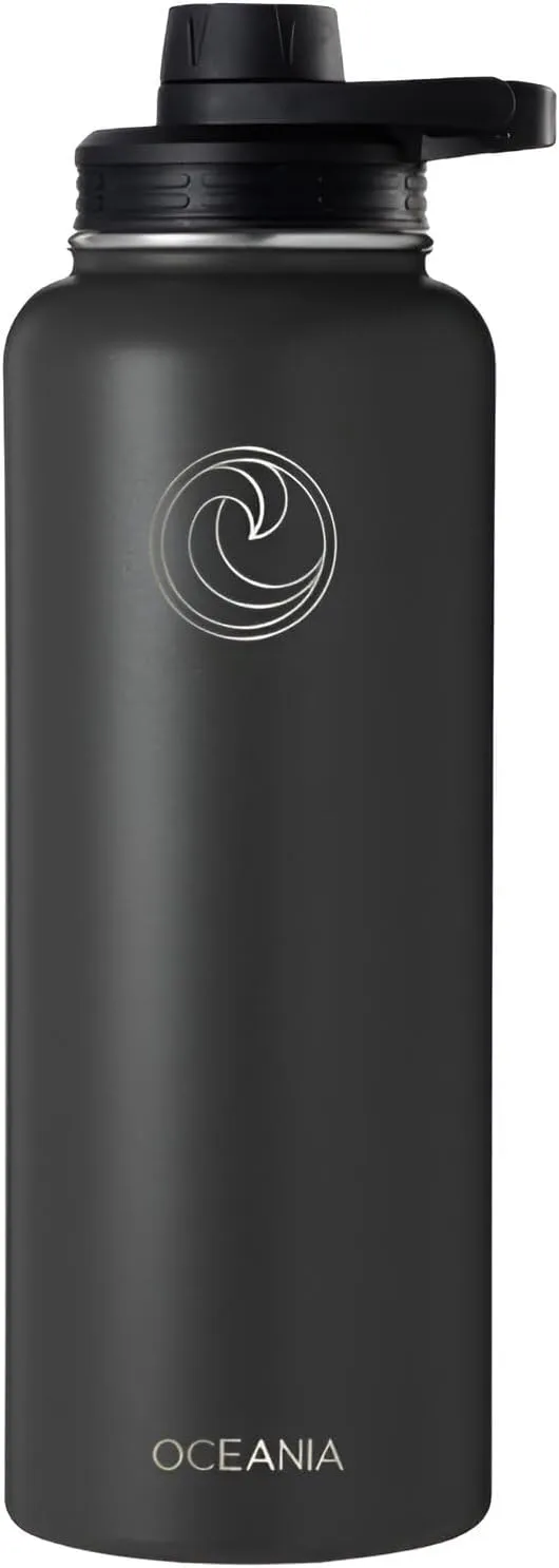 Oceania Flask 40oz Stainless Steel Water Bottles | Modern, Leakproof, Hydro BPA-Free, Insulated Water Bottle with 3 Lids, 3 Straws & 2 Straw Cleaning Brushes | Simple Camping & Hiking Water Bottles