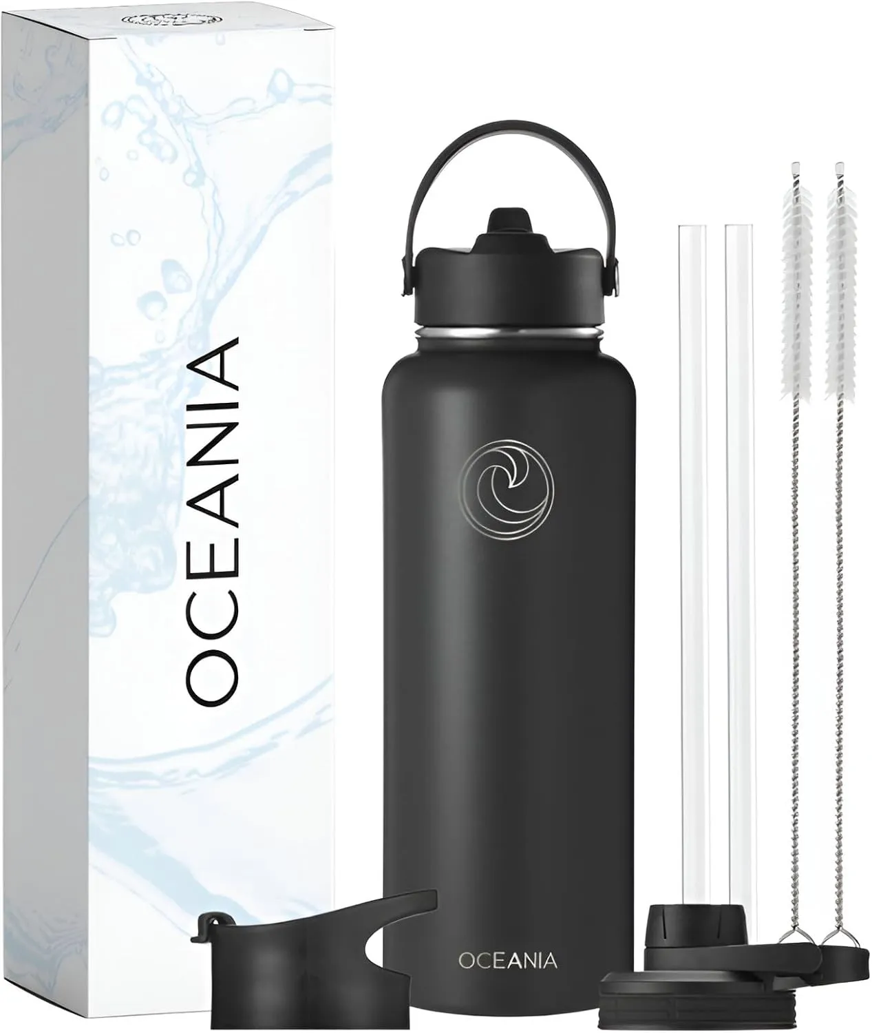 Oceania Flask 40oz Stainless Steel Water Bottles | Modern, Leakproof, Hydro BPA-Free, Insulated Water Bottle with 3 Lids, 3 Straws & 2 Straw Cleaning Brushes | Simple Camping & Hiking Water Bottles