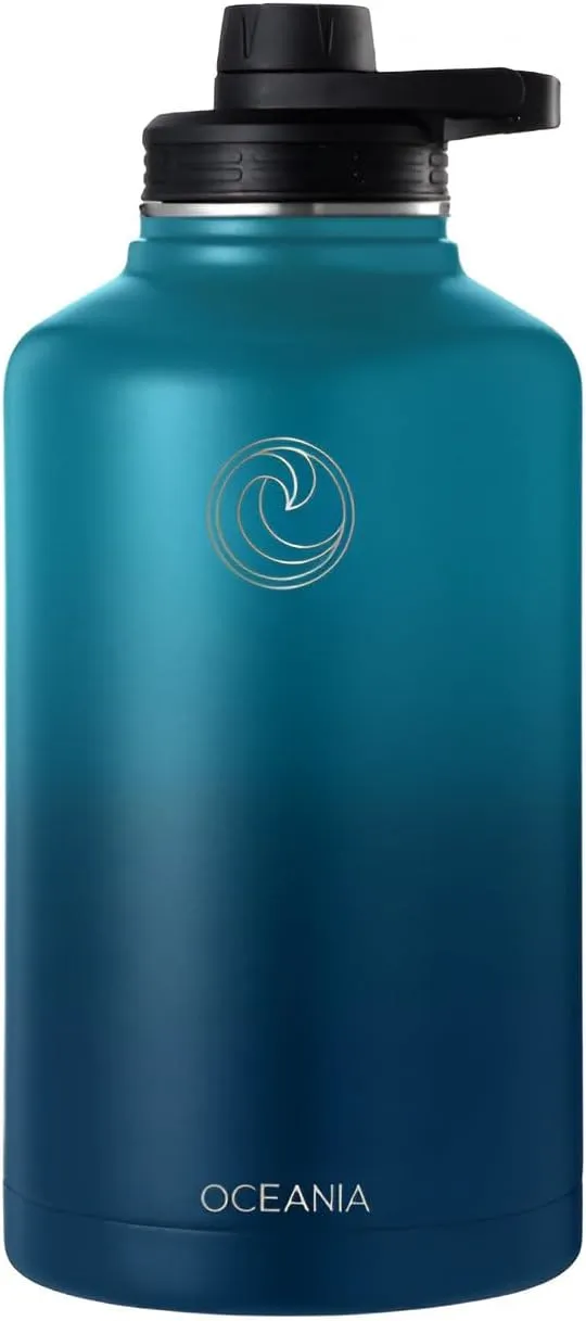 Oceania Flask 64oz Stainless Steel Water Bottles | Modern, Leakproof, Hydro BPA-Free, Insulated Water Bottle with 3 Lids, 3 Straws & 2 Straw Cleaning Brushes | Simple Camping & Hiking Water Bottle