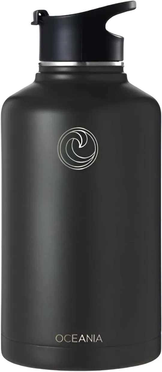 Oceania Flask 64oz Stainless Steel Water Bottles | Modern, Leakproof, Hydro BPA-Free, Insulated Water Bottle with 3 Lids, 3 Straws & 2 Straw Cleaning Brushes | Simple Camping & Hiking Water Bottles