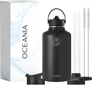 Oceania Flask 64oz Stainless Steel Water Bottles | Modern, Leakproof, Hydro BPA-Free, Insulated Water Bottle with 3 Lids, 3 Straws & 2 Straw Cleaning Brushes | Simple Camping & Hiking Water Bottles