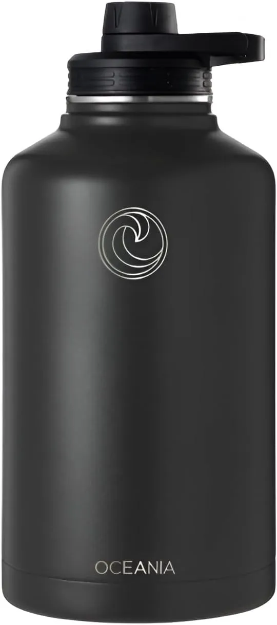 Oceania Flask 64oz Stainless Steel Water Bottles | Modern, Leakproof, Hydro BPA-Free, Insulated Water Bottle with 3 Lids, 3 Straws & 2 Straw Cleaning Brushes | Simple Camping & Hiking Water Bottles