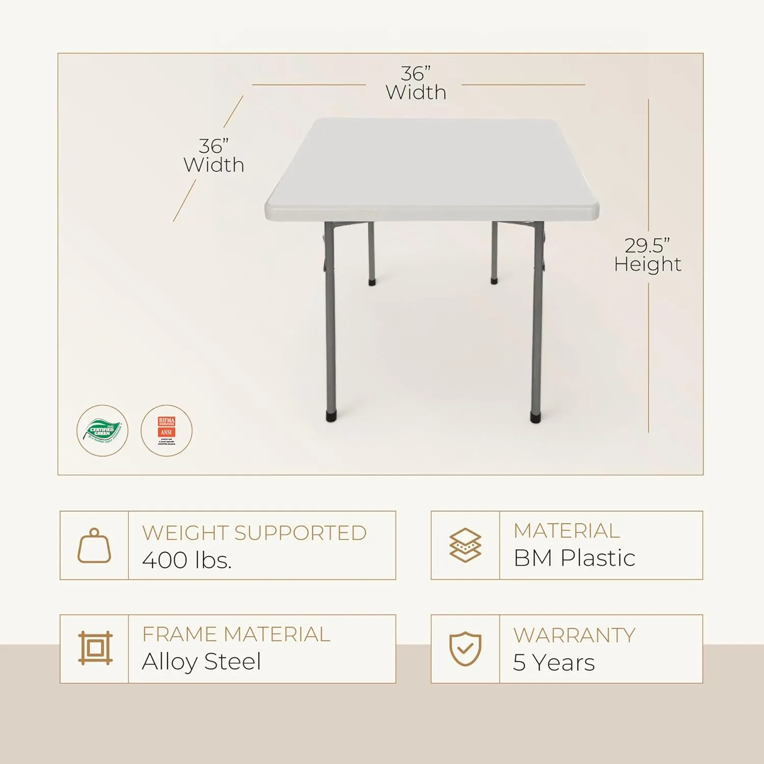 OEF Furnishings 36" Square Heavy Duty Folding Table, Light Grey – Indoor/Outdoor Durable Plastic Table