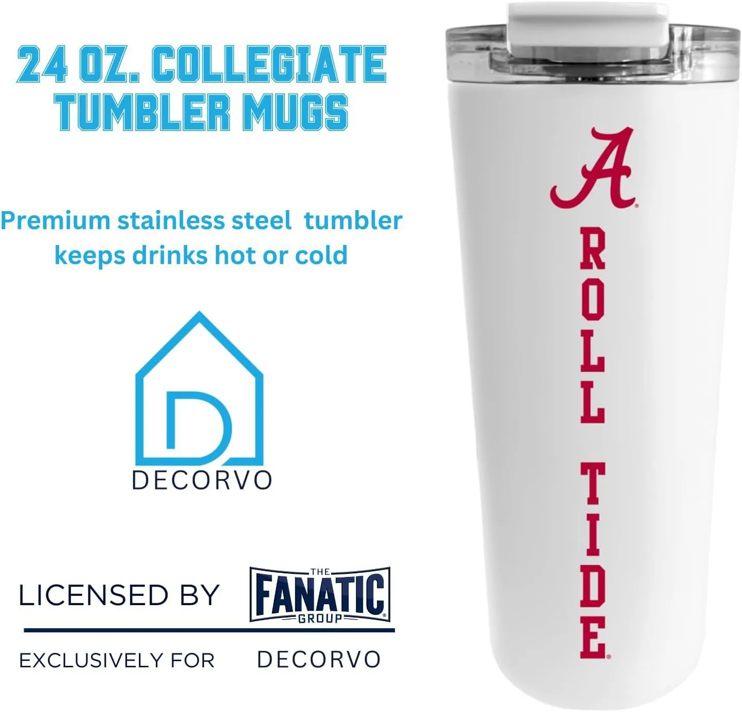 Officially Licensed Collegiate Stainless Steel Tumbler - Double Walled Insulated Travel Thermos - 24 oz (Alabama White)