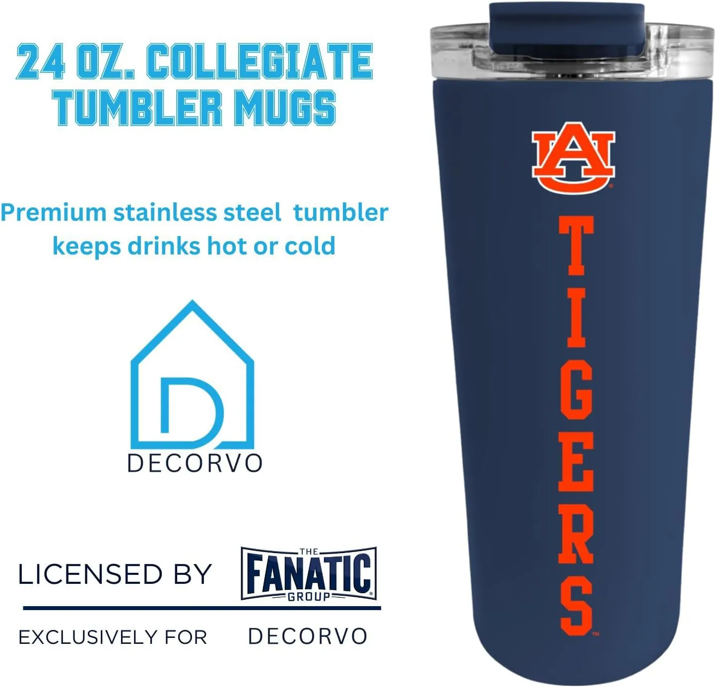 Officially Licensed Collegiate Stainless Steel Tumbler - Double Walled Insulated Travel Thermos - 24 oz (Auburn Navy)