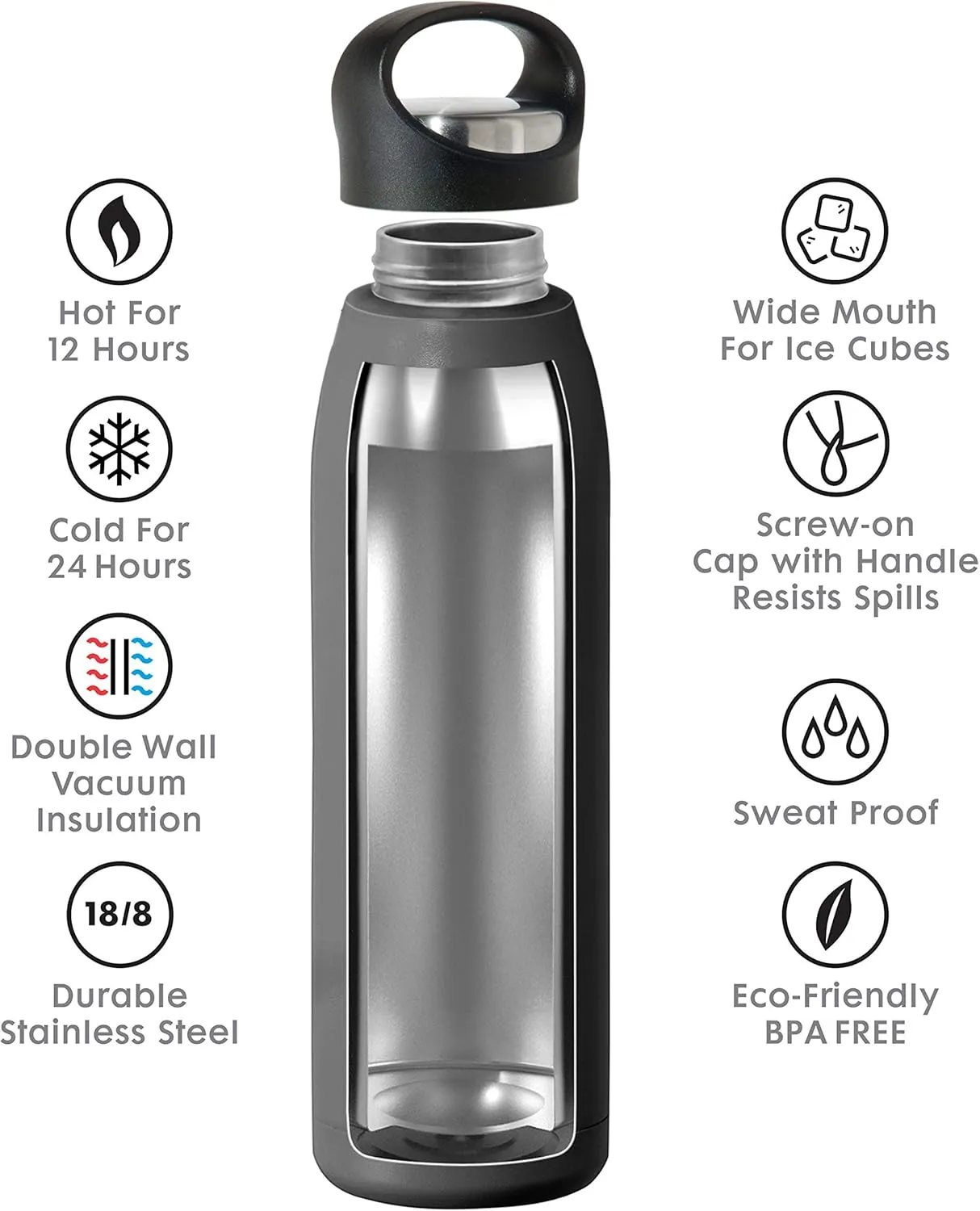 Oggi Freestyle Stainless Steel Insulated Water Bottle- Double Wall Vacuum Insulated, Travel Thermos, 23oz(680ml), Charcoal