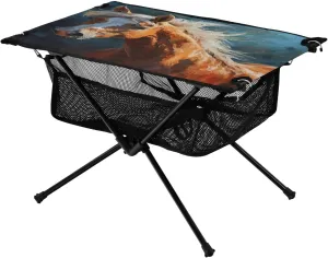 Oil Painting Horse Portable Folding Camping Table, Compact Lightweight Beach Table with Carrying Bag for Outdoor Picnics, BBQs, Camp