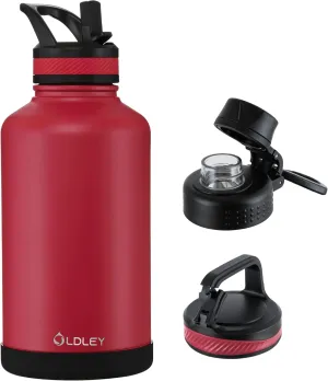 OLDLEY 64 oz Insulated Water Bottle With Straw, Stainless Steel Sports Water Cup Flask with 3 Lids(Straw, Spout and Handle Lid) Double Walled Travel Thermal Canteen Mug,Fire Red