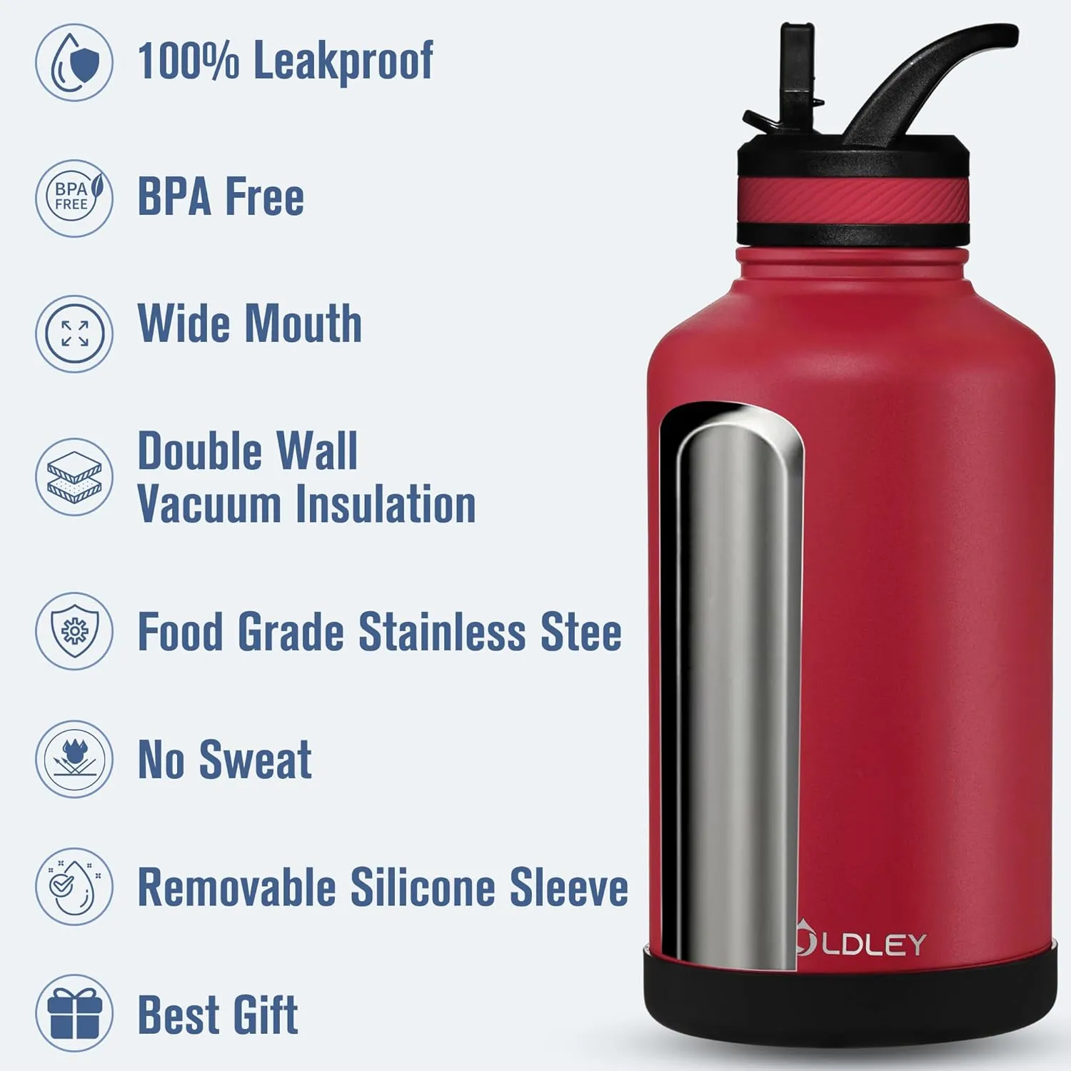 OLDLEY 64 oz Insulated Water Bottle With Straw, Stainless Steel Sports Water Cup Flask with 3 Lids(Straw, Spout and Handle Lid) Double Walled Travel Thermal Canteen Mug,Fire Red