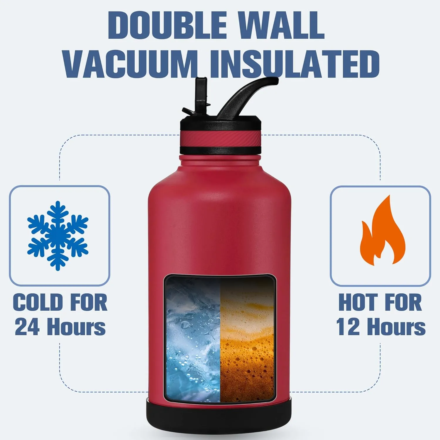 OLDLEY 64 oz Insulated Water Bottle With Straw, Stainless Steel Sports Water Cup Flask with 3 Lids(Straw, Spout and Handle Lid) Double Walled Travel Thermal Canteen Mug,Fire Red