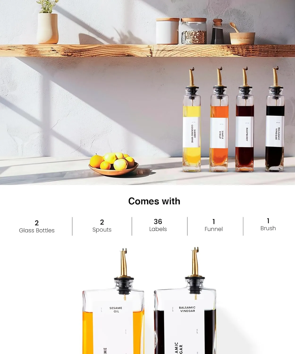 Olive Oil Dispenser for Kitchen, Cooking Oil Dispenser, Oil and Vinegar Dispenser Set, Olive Oil Bottle, Soy sauce dispenser, coffee syrup bottles with stainless steel pourers - 2 pcs, Gold