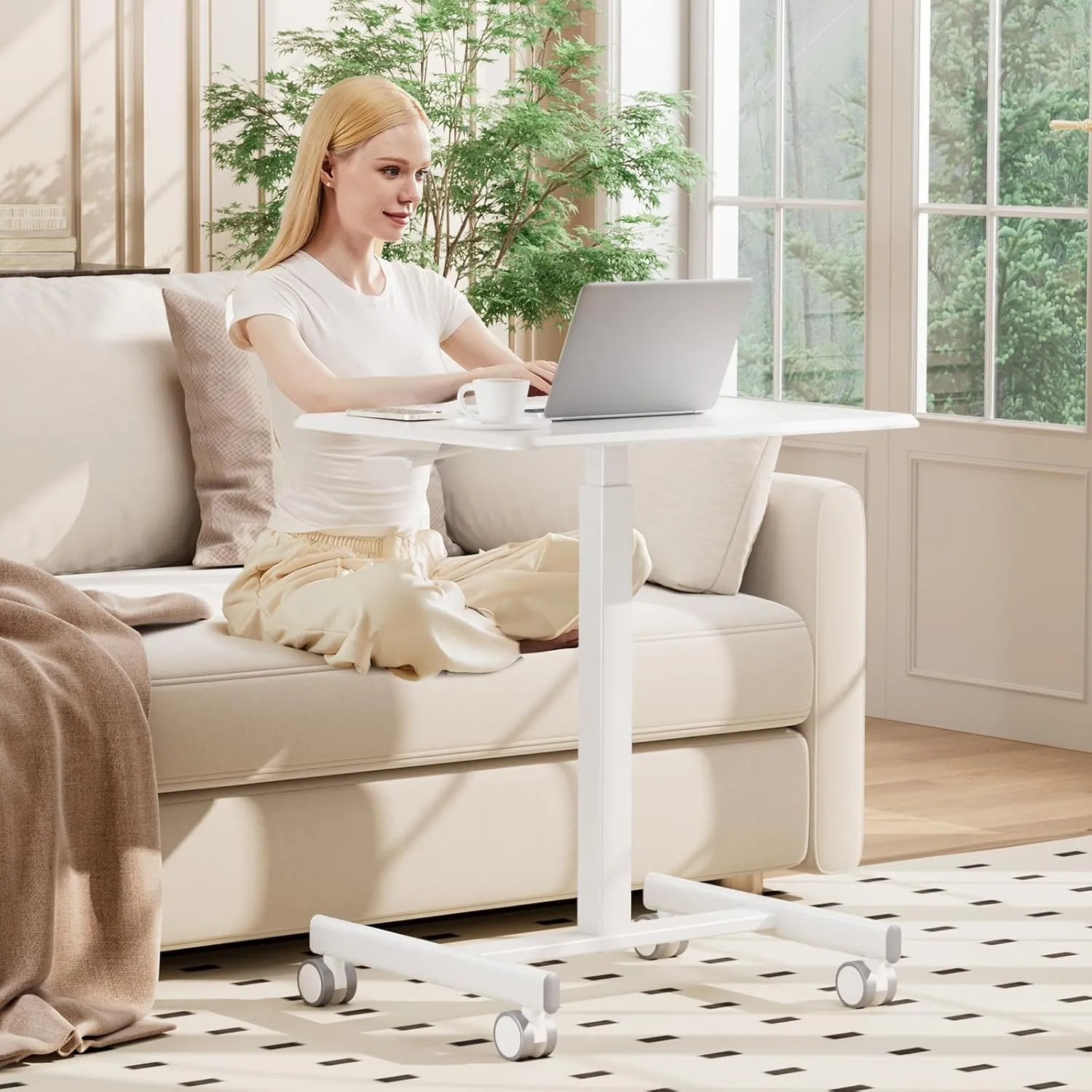 OLIXIS Small Standing Desk Adjustable Height, Portable Rolling Table on Wheels, 19 Inch Computer Mobile Desk Workstation for Home Office, White