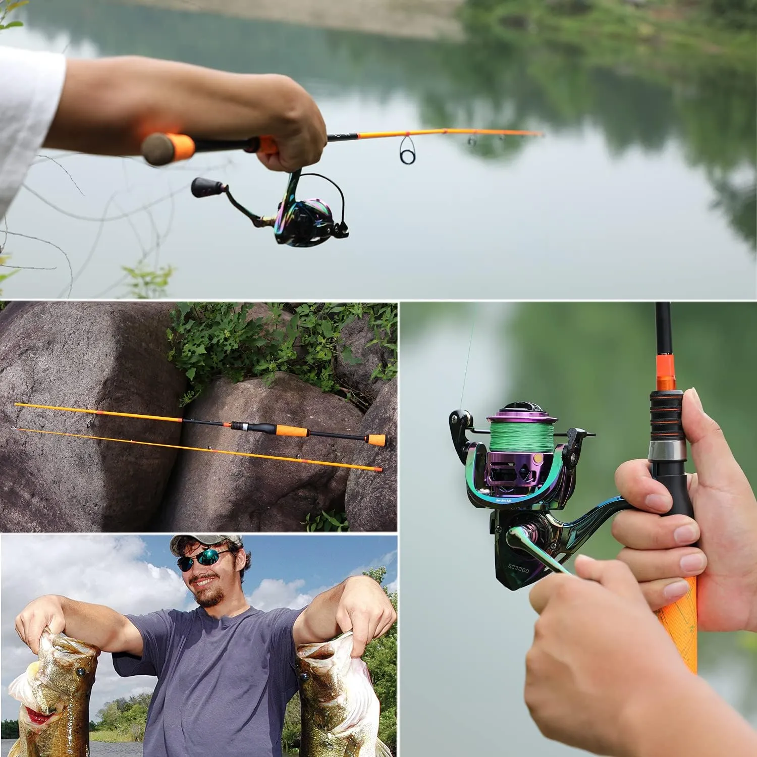One Bass Fishing Pole 24 Ton Carbon Fiber Casting and Spinning Rods - Two Pieces, SuperPolymer Handle Fishing Rod for Bass Fishing