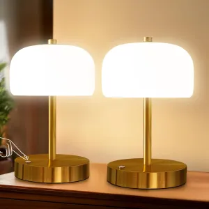 Oneach 9" Cordless Table Lamps Set of 2, Gold Rechargeable Battery Operated Lamp, 3-Way Stepless Dimming Touch Mushroom Lamps, Small Glass Nightlight for Bedroom Dining Table Living Room Shelf Decor