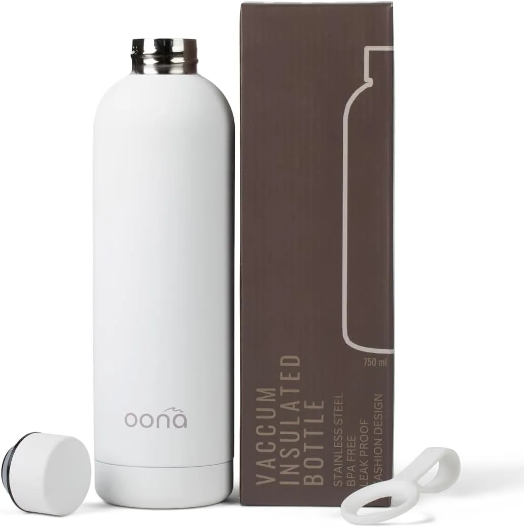 OONA Stainless Steel Water Bottle 25 oz, BPA-Free, Leak-Proof Insulated Water Bottle, Carrying Loop, Double Wall Vacuum Insulation, Keeps Drinks Hot or Cold for 12 Hours, Travel Friendly (White)