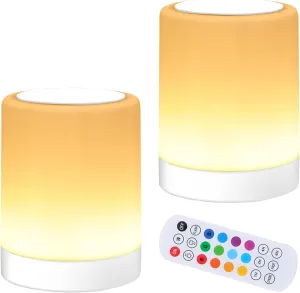 OORUN Touch Bedside Table Lamp,13 RGB Colors & 5 Brightness, USB Rechargeable Desk Lamp, Remote Control Dimmable Night Light with RGB Color Changing,Portable Lamp for Baby (2 Pack White)