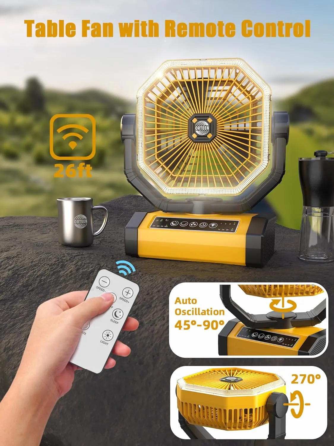 Orteen Rechargeable 9-Inch Portable Table Fan, 20000mAh Battery Powered Camping Fan with Auto Oscillation, Remote Control, LED Light, Hook - 20000mAh-Yellow