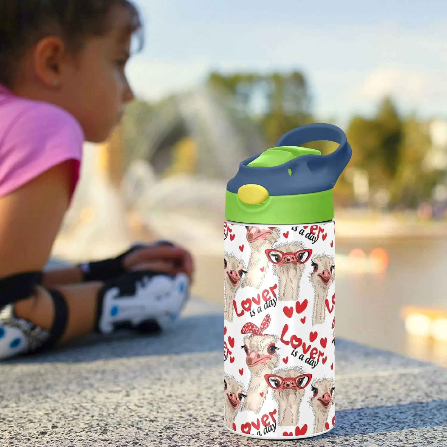 Ostriches with Red Glasses Hairpins Lover is a Day Letterings Tumbler with Lid & Straw, Boys Girls Stainless Steel Double Wall Cup Water Bottle BPA-Free Vacuum Insulated Thermal Mug 11.8 Oz