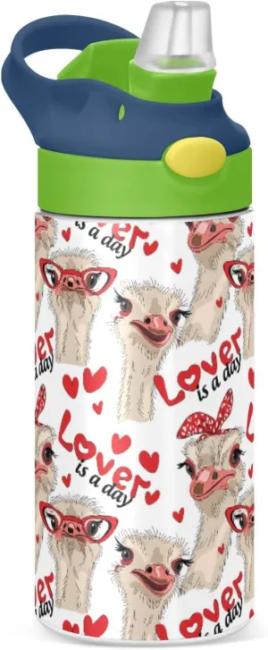 Ostriches with Red Glasses Hairpins Lover is a Day Letterings Tumbler with Lid & Straw, Boys Girls Stainless Steel Double Wall Cup Water Bottle BPA-Free Vacuum Insulated Thermal Mug 11.8 Oz