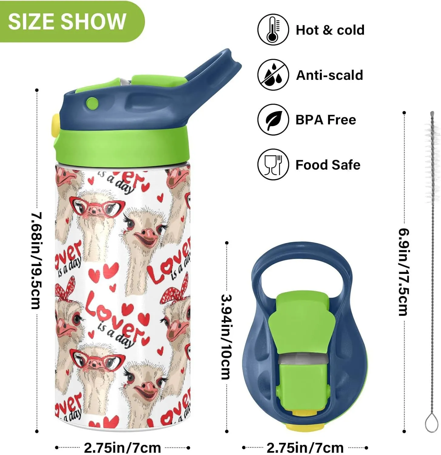 Ostriches with Red Glasses Hairpins Lover is a Day Letterings Tumbler with Lid & Straw, Boys Girls Stainless Steel Double Wall Cup Water Bottle BPA-Free Vacuum Insulated Thermal Mug 11.8 Oz
