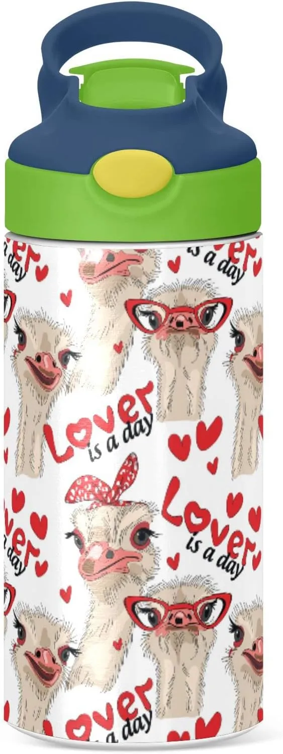 Ostriches with Red Glasses Hairpins Lover is a Day Letterings Tumbler with Lid & Straw, Boys Girls Stainless Steel Double Wall Cup Water Bottle BPA-Free Vacuum Insulated Thermal Mug 11.8 Oz
