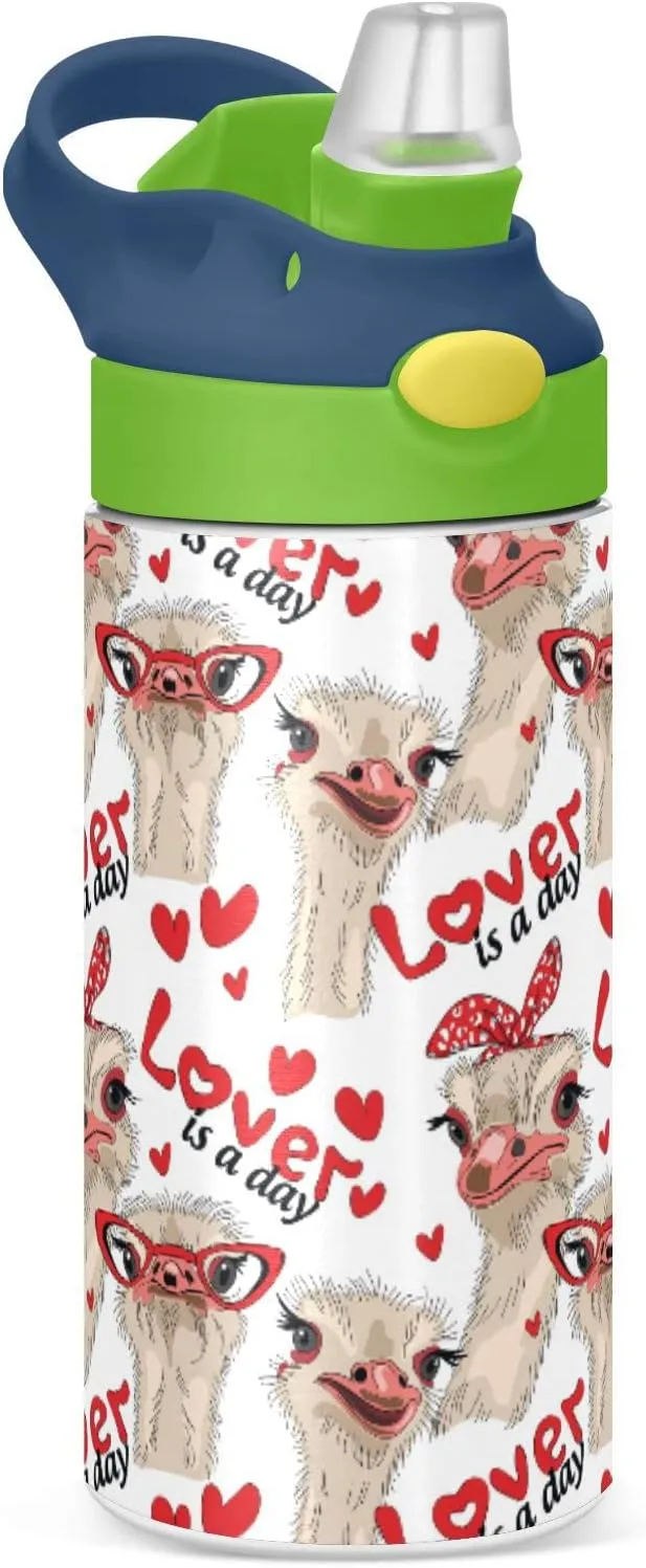 Ostriches with Red Glasses Hairpins Lover is a Day Letterings Tumbler with Lid & Straw, Boys Girls Stainless Steel Double Wall Cup Water Bottle BPA-Free Vacuum Insulated Thermal Mug 11.8 Oz