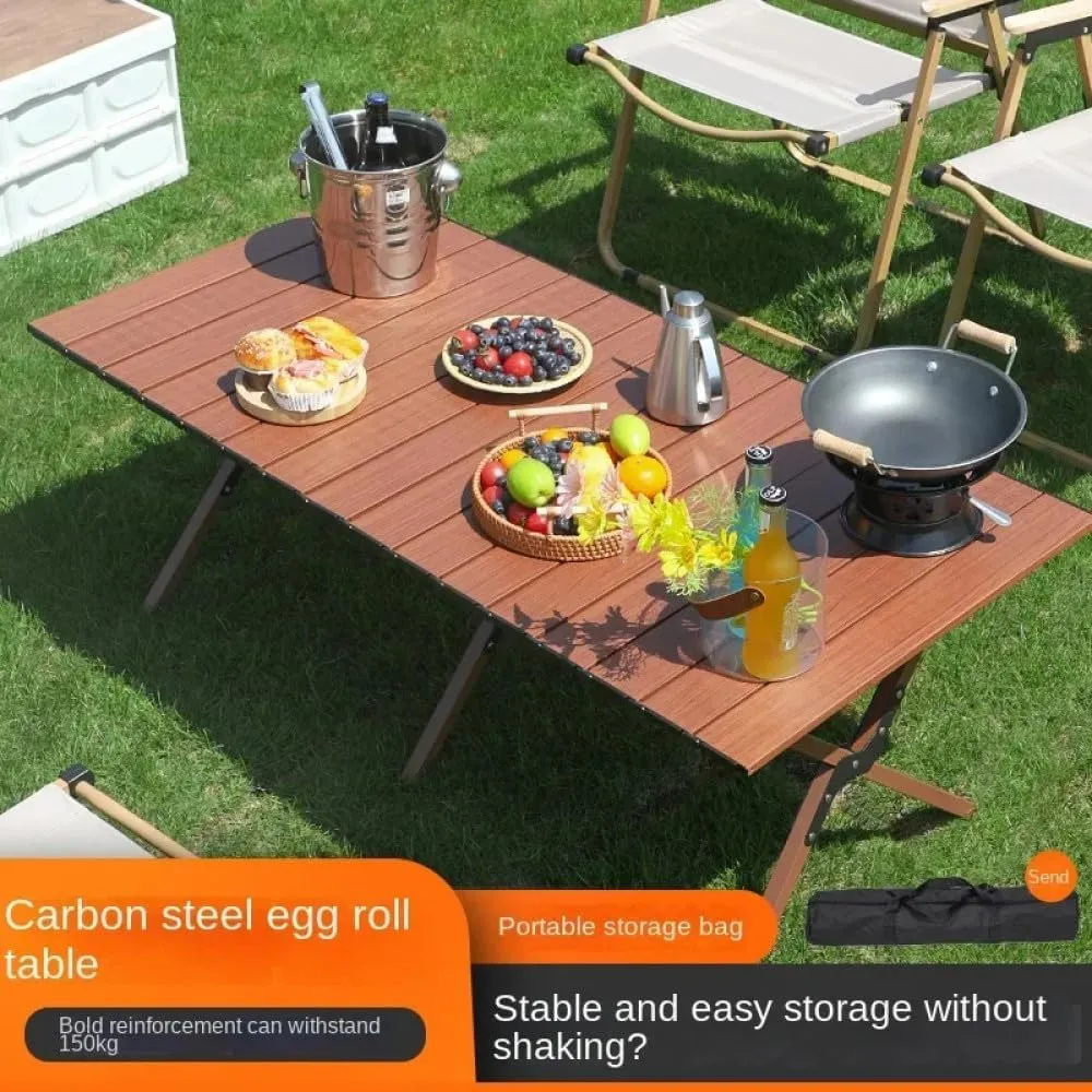 Outdoor Camping Table Folding Wood Grain Carbon Steel Egg Roll Portable Bea Table air Tourist Plate Table Camping,1 S