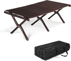 Outdoor Folding Portable Camping Picnic Table,Wooden Lightweight Portable Roll Up Table,Foldable Beach Table,Hardwood Portable Table,with Carry Bag,for Grill Deck Travel Hiking Backyard (Brown)
