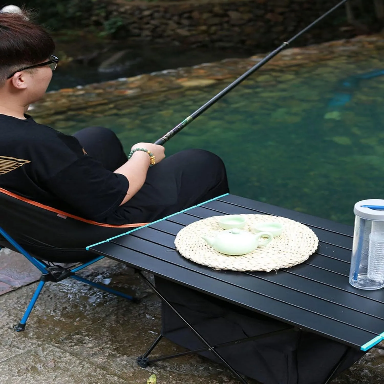 Outdoor Folding Table Aluminum Alloy Folding Table, Lightweight Portable Folding Table with Pocket, Organizer and Light Stand for Picnic Camping(Black,40.7x35x31.5cm)