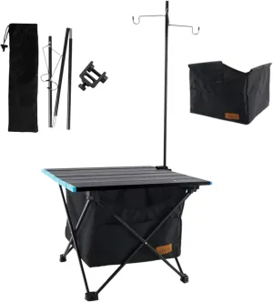 Outdoor Folding Table Aluminum Alloy Folding Table, Lightweight Portable Folding Table with Pocket, Organizer and Light Stand for Picnic Camping(Black,40.7x35x31.5cm)