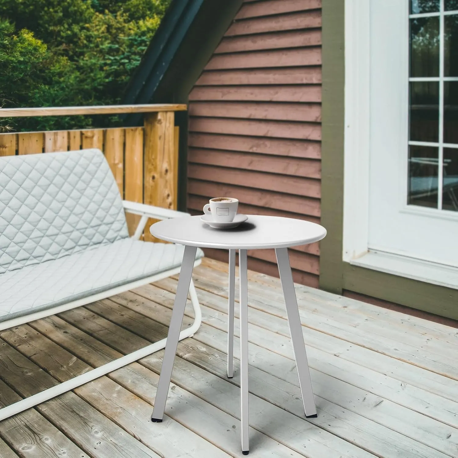 Outdoor Side Table, Weather Resistant Patio Small Side Table Outdoor Indoor Round Metal Steel Small Side Table, Waterproof End Table for Garden Balcony Yard, White