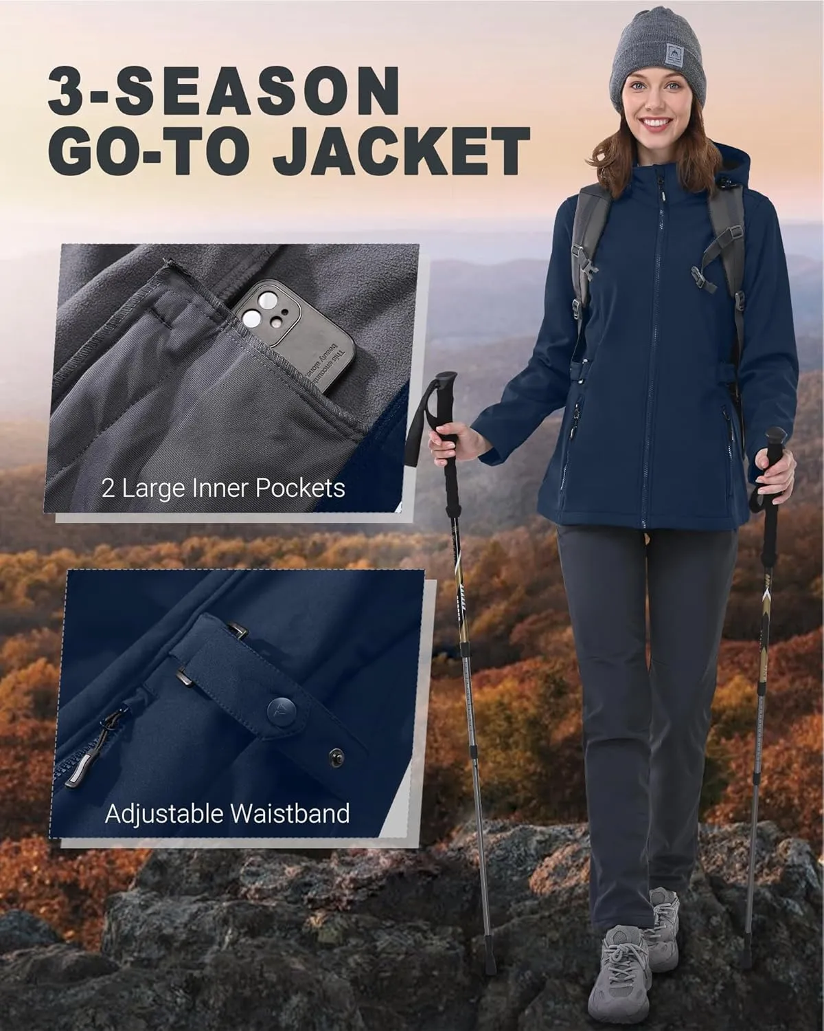 Outdoor Ventures Women's Softshell Jacket with Removable Hood, Insulated Windbreaker Waterproof Warm Fleece Lined Coat