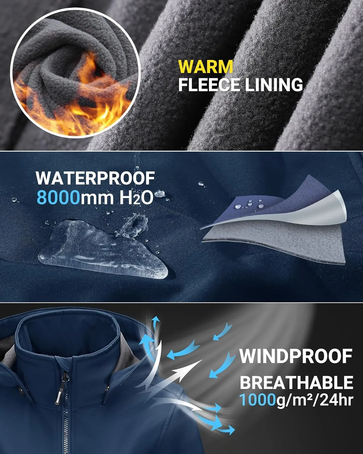 Outdoor Ventures Women's Softshell Jacket with Removable Hood, Insulated Windbreaker Waterproof Warm Fleece Lined Coat