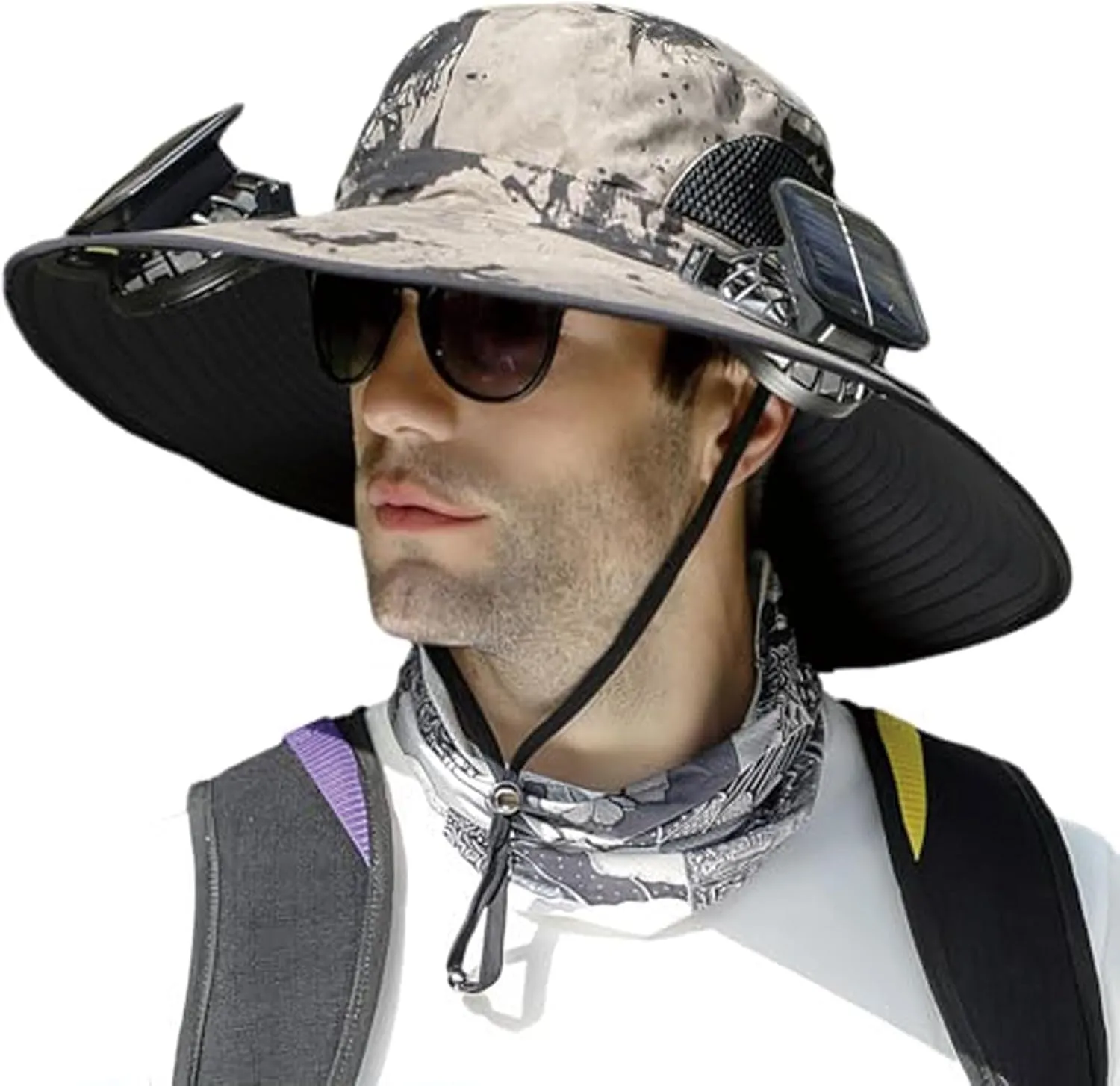 Outdoor Wide Brim Sun Hat with 2 Solar Fan Fishing Hat for Men&Women,Outdoor Waterproof Upf0 Sun Hat with Sunglasses