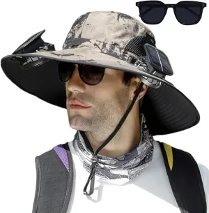 Outdoor Wide Brim Sun Hat with 2 Solar Fan Fishing Hat for Men&Women,Outdoor Waterproof Upf0 Sun Hat with Sunglasses