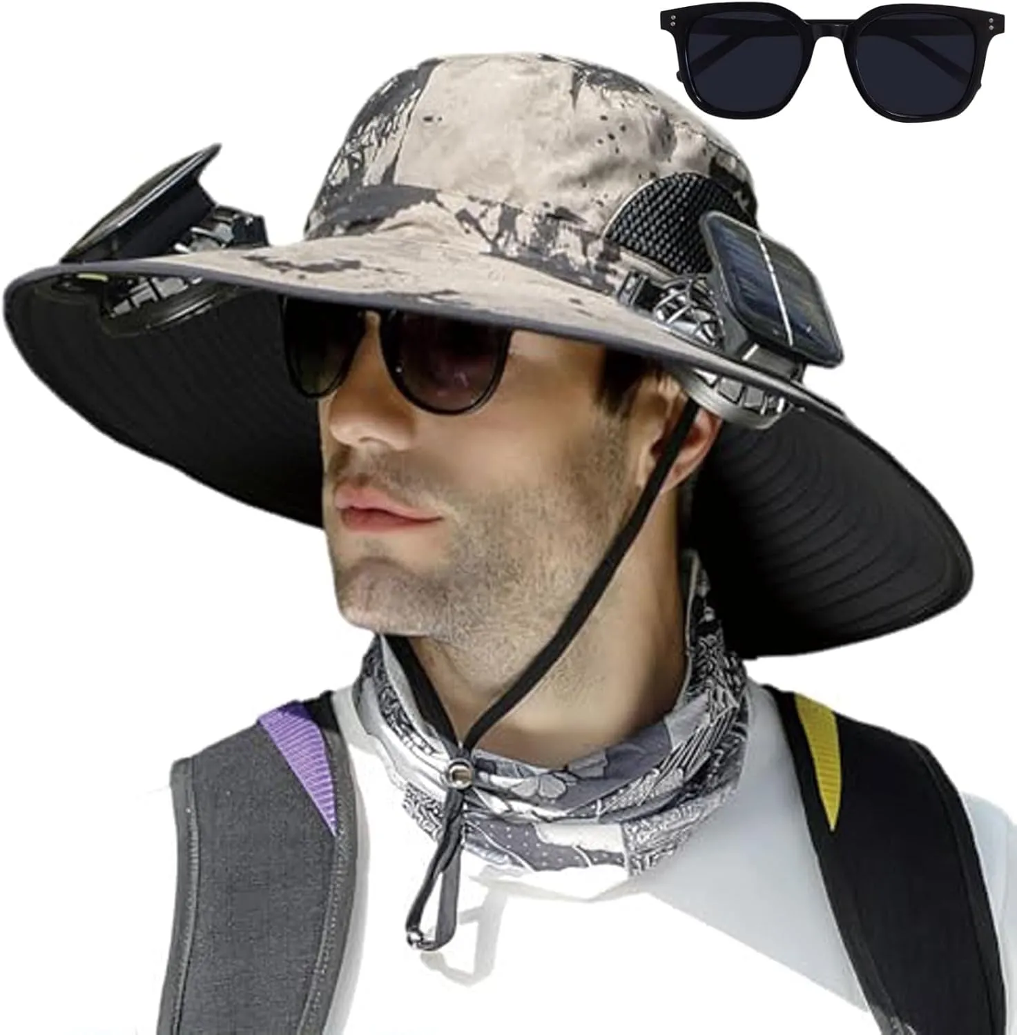 Outdoor Wide Brim Sun Hat with 2 Solar Fan Fishing Hat for Men&Women,Outdoor Waterproof Upf0 Sun Hat with Sunglasses