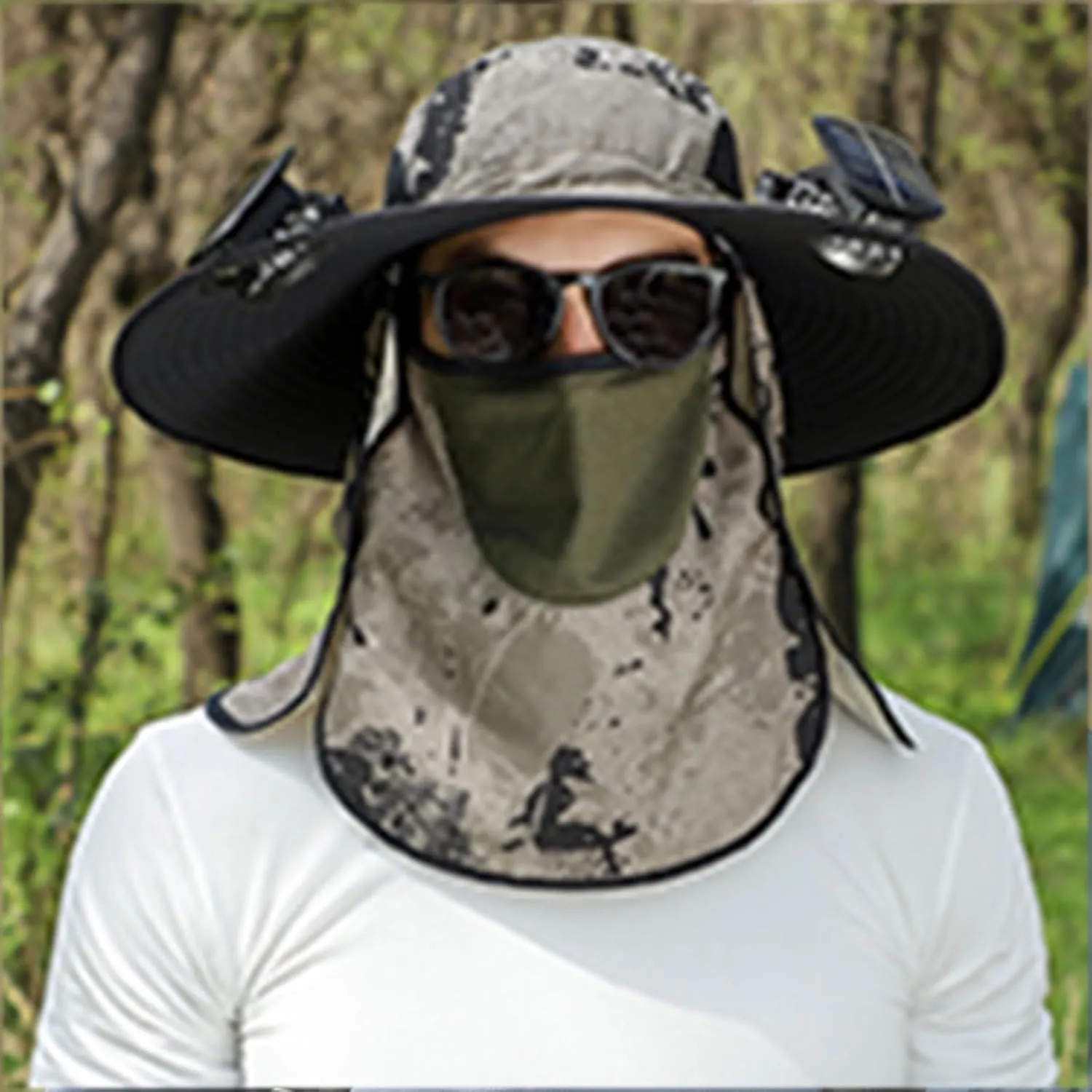 Outdoor Wide Brim Sun Hat with 2 Solar Fan Fishing Hat for Men&Women,Outdoor Waterproof Upf0 Sun Hat with Sunglasses