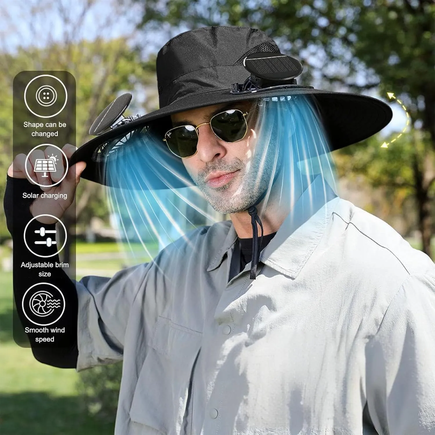 Outdoor Wide Brim Sun Hat with 2 Solar Fan Sun Bucket Hat for Men Women UPF 50  Bucket Fishing & Beach Hat with Fan Built in