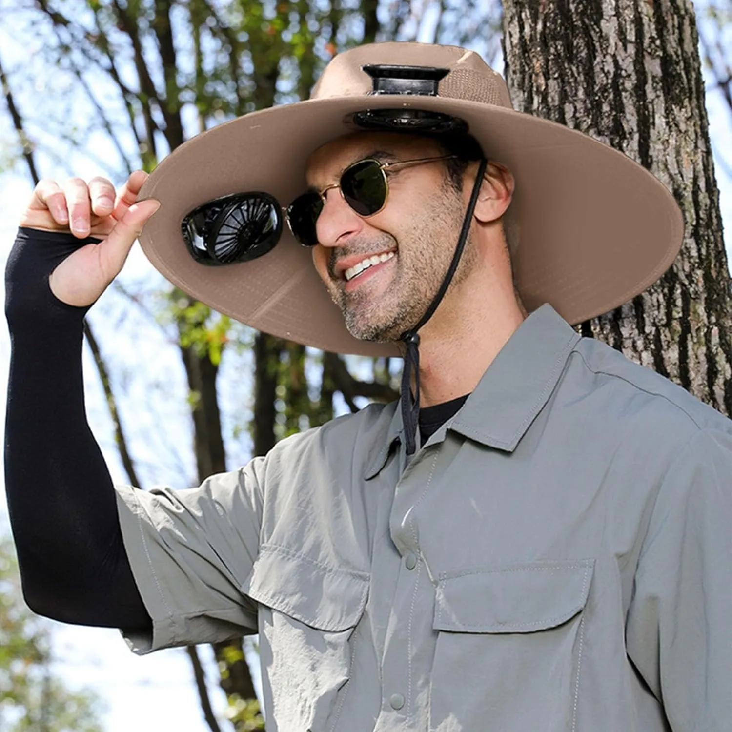 Outdoor Wide Brim Sun Hat with 2 Solar Fan Sun Bucket Hat for Men Women UPF 50  Bucket Fishing & Beach Hat with Fan Built in