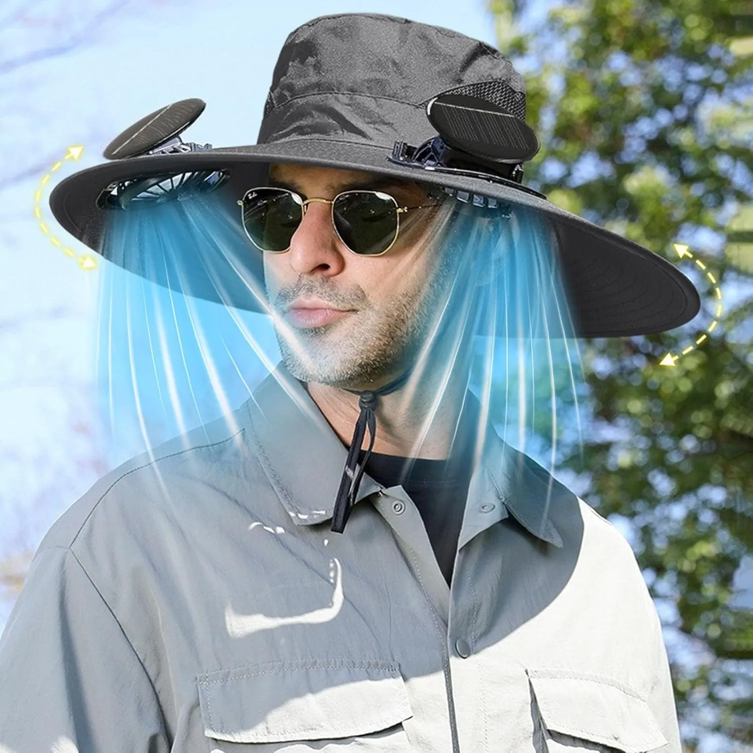 Outdoor Wide Brim Sun Hat with 2 Solar Fan Sun Bucket Hat for Men Women UPF 50  Bucket Fishing & Beach Hat with Fan Built in
