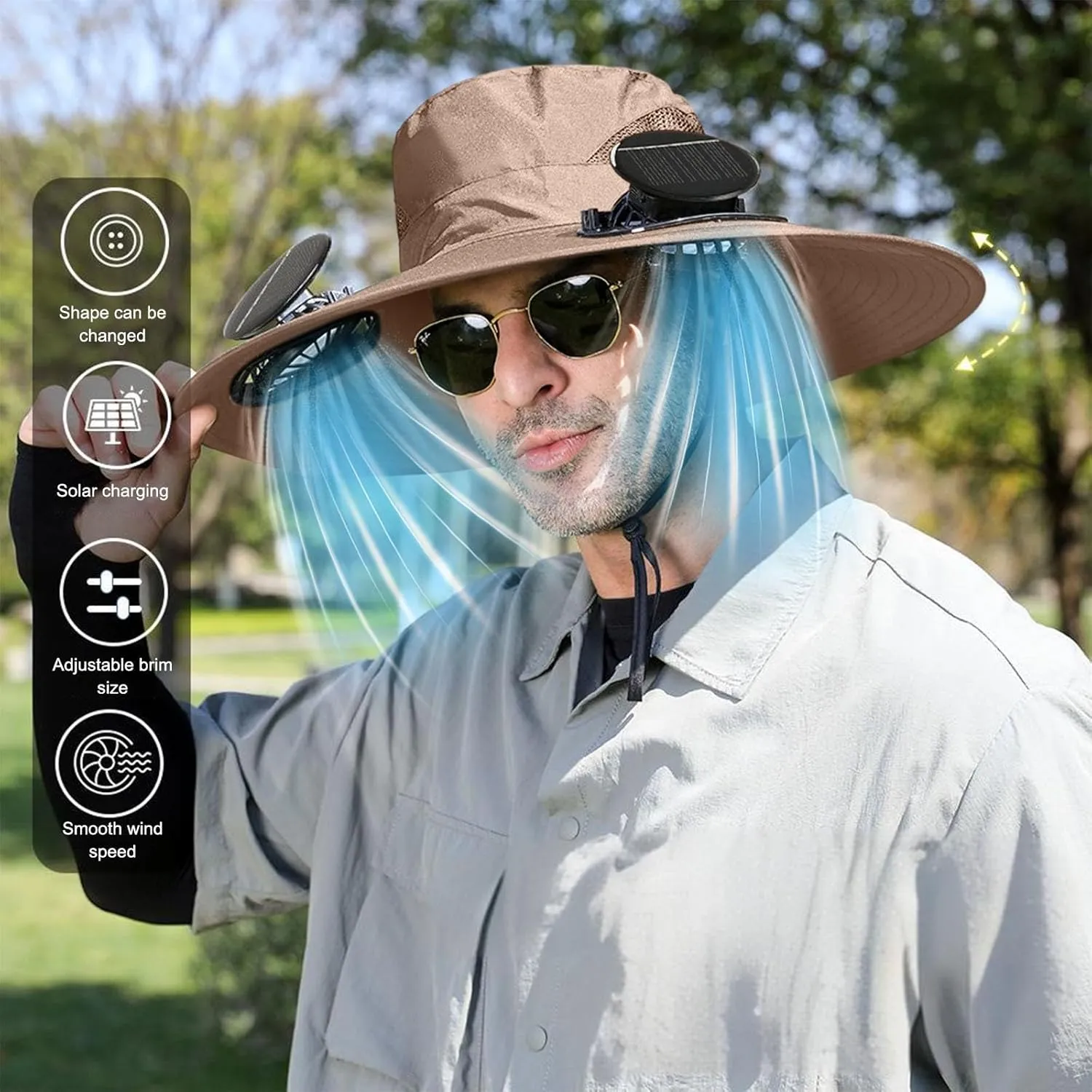 Outdoor Wide Brim Sun Hat with 2 Solar Fan Sun Bucket Hat for Men Women UPF 50  Bucket Fishing & Beach Hat with Fan Built in