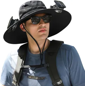Outdoor Wide Brim Sun Hat with 2 Solar Fan Sun Bucket Hat for Men Women UPF 50  Bucket Fishing & Beach Hat with Fan Built in